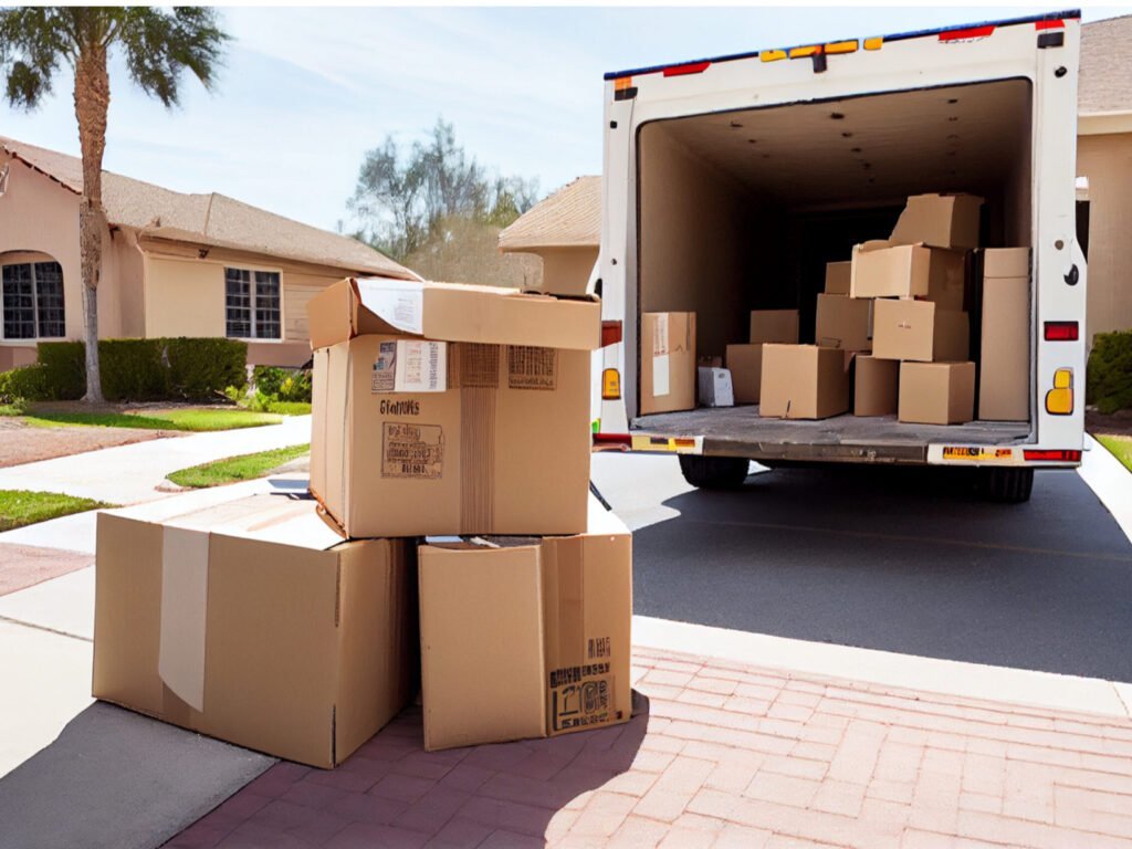 "Moving truck filled with boxes"