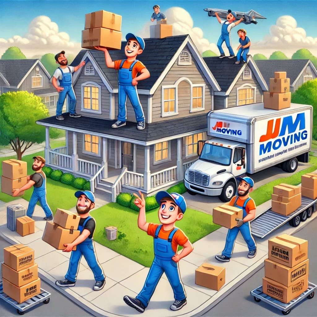 "Friendly movers from JM Moving carefully pack furniture and boxes into a truck, smiling and joking as they handle a heavy couch. The moving truck with the JM Moving logo is parked in a peaceful neighborhood under clear skies, symbolizing a smooth and stress-free relocation."