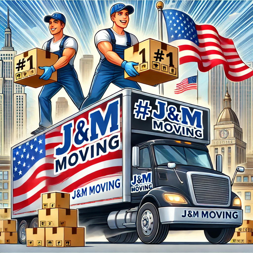 A large J&M Moving truck with a “#1” symbol on the side, driving through a vast USA landscape with an American flag waving in the background, symbolizing strength and professionalism.