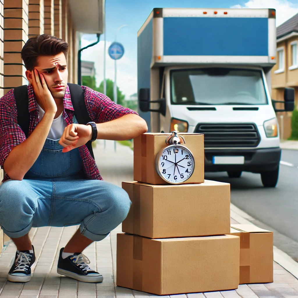 A frustrated person sitting on the sidewalk with packed moving boxes, checking the time while waiting for a delayed moving truck in a suburban neighborhood.