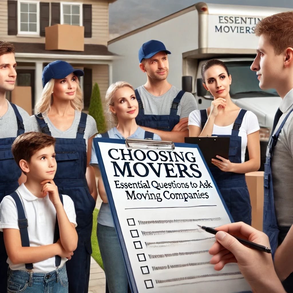 A family talking to movers in front of their house, with a clipboard showing a checklist of questions to ask moving companies