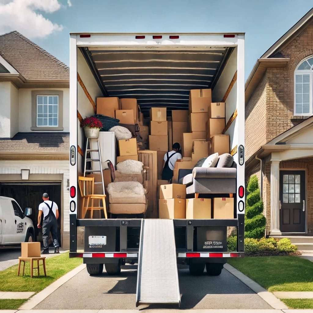 **Alt Text:** A moving truck with the back open, filled with various pieces of furniture, including sofas, chairs, and boxes.
Ready for the move! Our truck is packed and loaded with care, ensuring your belongings are transported safely to your new home.