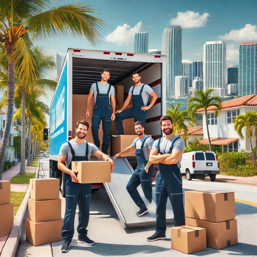 A team of professional movers loading furniture and boxes into a moving truck on a sunny day in a tropical Miami neighborhood with palm trees and the city skyline in the background.
