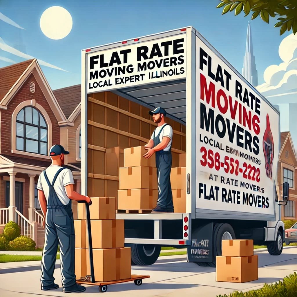 “Local expert movers in Illinois loading boxes and furniture into a flat rate moving truck in a suburban neighborhood with brick homes and tree-lined streets.”