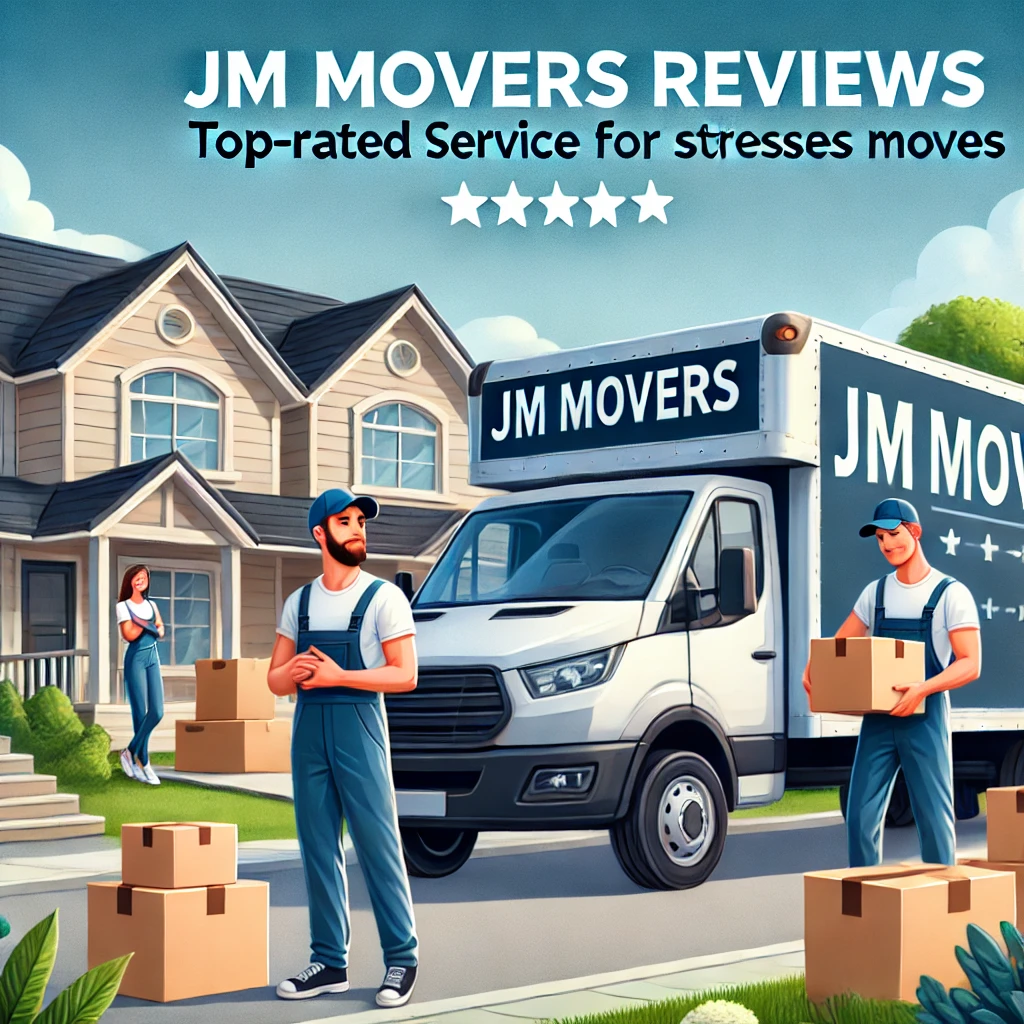 A JM Movers truck in front of a suburban home, with movers carefully loading boxes as a happy family watches on a sunny day.