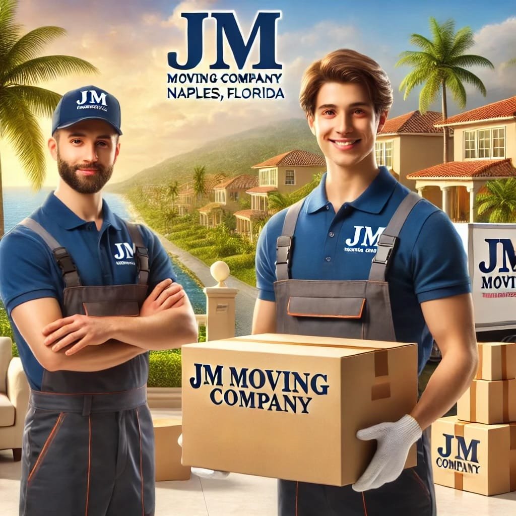 "JM Moving Company movers in uniforms carefully handling boxes and furniture in a sunny Naples, Florida neighborhood with palm trees and upscale homes."