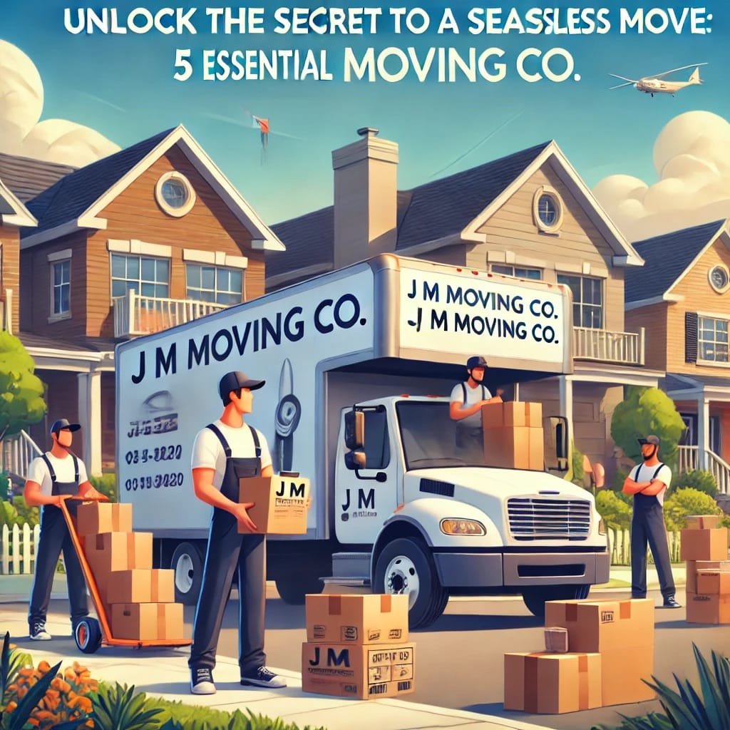 "Movers from J M Moving Co. carefully packing and loading boxes into a moving truck in a vibrant suburban neighborhood, with one mover holding a clipboard featuring essential moving tips."