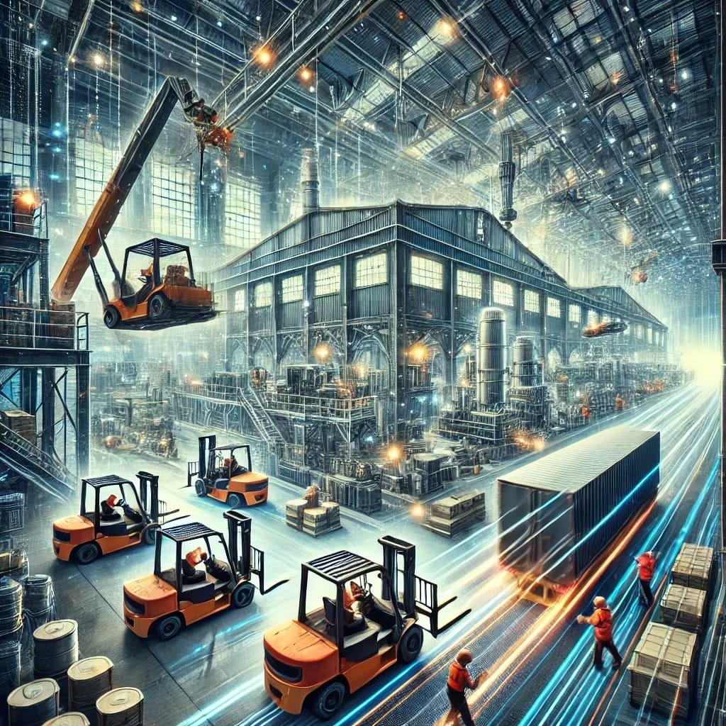 An industrial warehouse with workers using forklifts and cranes to move heavy machinery, symbolizing a seamless business relocation. Workers are wearing helmets and safety gear, indicating a focus on safety and efficiency during the move.