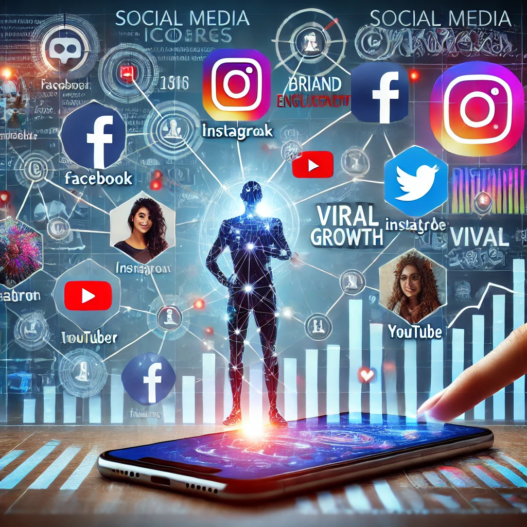 "A vibrant illustration of various social media icons such as Facebook, Instagram, Twitter, and YouTube, connected by network lines. The background shows charts and graphs of rising engagement and analytics, with a highlighted influencer and smartphone displaying viral content like videos, likes, and shares."