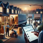 A professional moving company is working late into the evening, with movers carrying boxes and furniture into a house illuminated by streetlights. A moving truck is parked outside, and a person inside the house is looking at reviews on a tablet for last-minute moving services. The scene has a calm yet busy atmosphere, with soft dusk lighting giving it a late-hour feel.