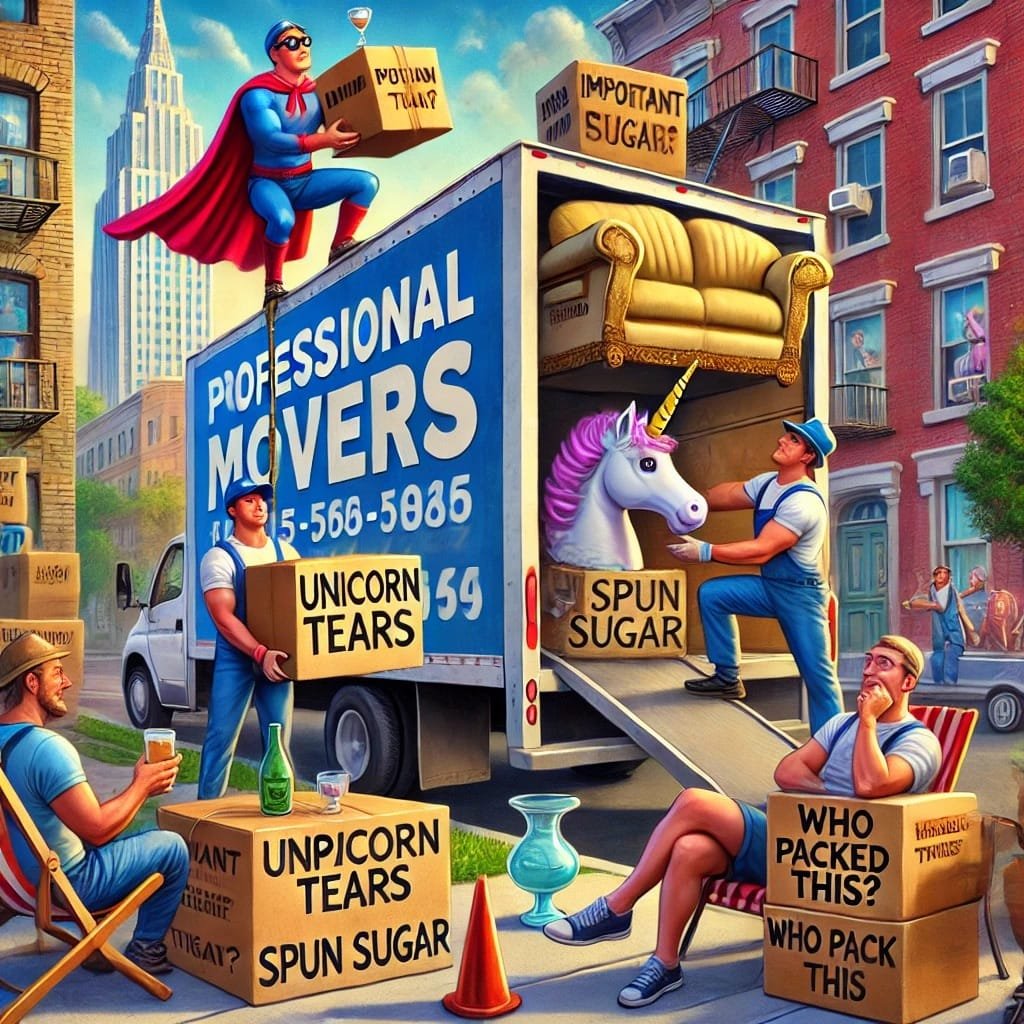 Professional movers in a colorful city scene, one wearing a superhero cape and lifting a large couch through a tiny door. Another mover is carefully packing fragile items labeled “unicorn tears” and “spun sugar.” A relaxed customer sips a drink while watching from a lawn chair, with playful labels on boxes like “important” and “who packed this?”