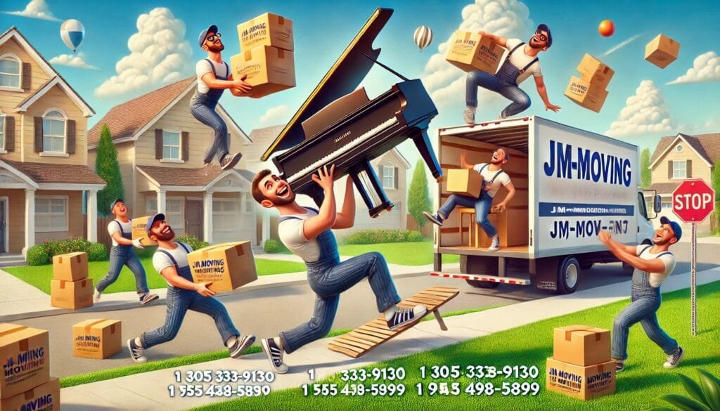 A group of energetic movers from JM Moving humorously balancing a piano and boxes while loading a moving truck on a sunny suburban street, symbolizing a fun and stress-free moving experience.