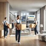 Two movers in JM Moving uniforms carry large furniture into a bright, modern living room with large windows. The furniture is handled carefully, and the space is organized and clean.