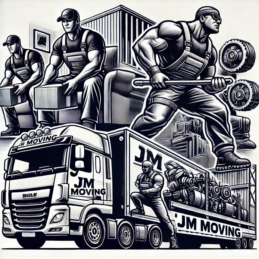 Movers in uniform from “JM Moving” are shown in action, carefully moving furniture from a house and using specialized equipment to transport industrial machinery in a warehouse. A large truck with “JM Moving” branding is prominently displayed, highlighting the company’s professional and strong moving services.
