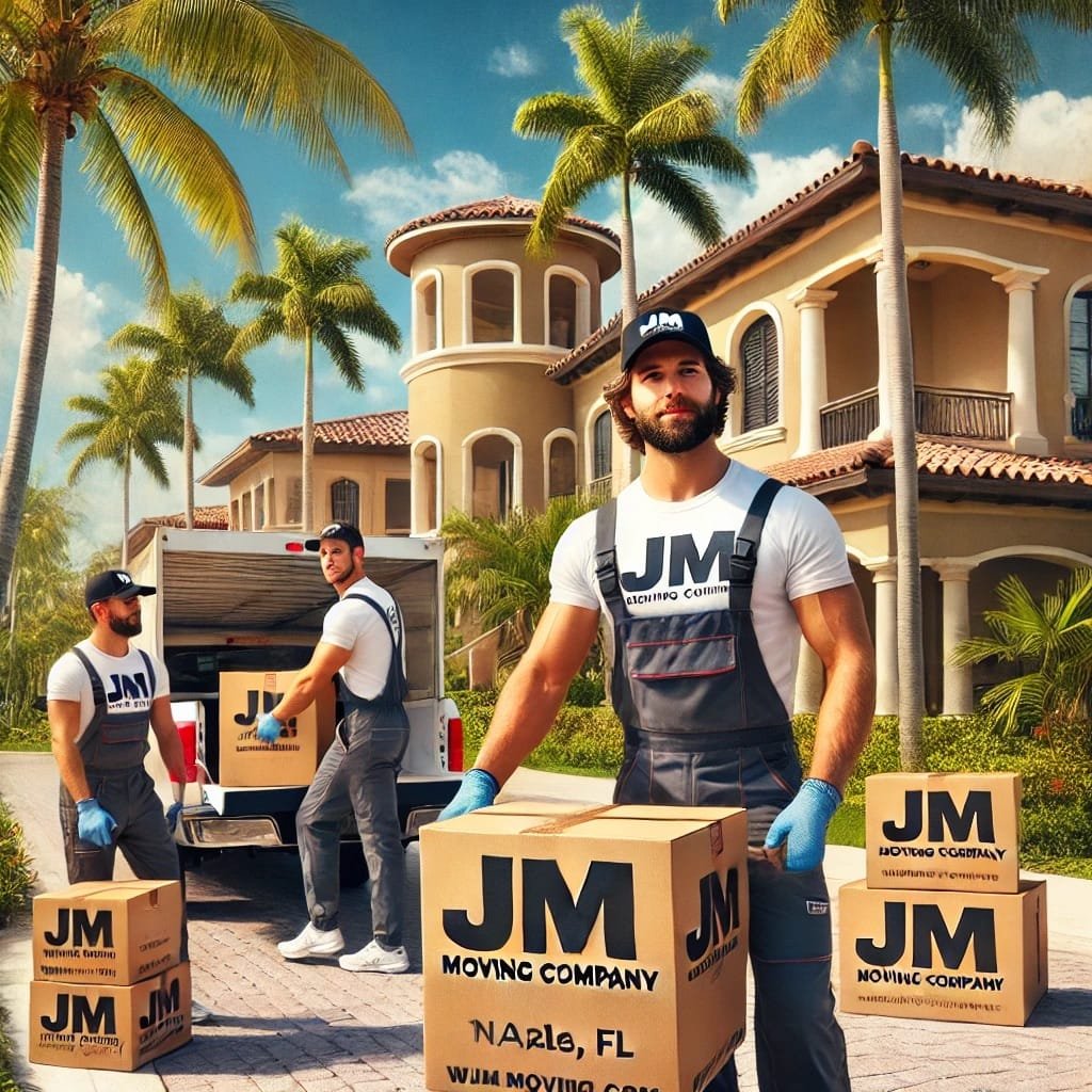 JM Moving Company movers in uniforms carefully handling boxes and furniture in a sunny Naples, Florida neighborhood with palm trees and upscale homes.