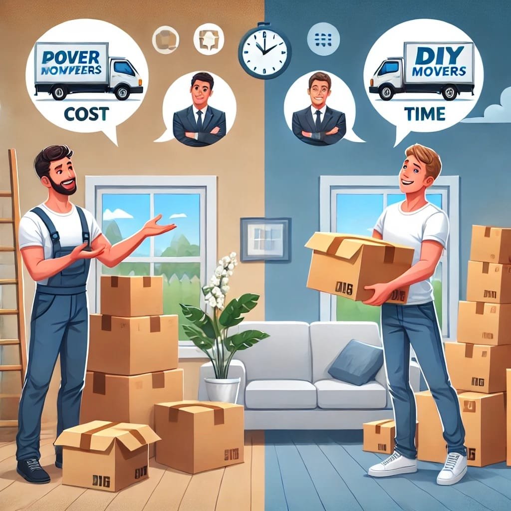 A split-scene image showing a debate on whether moving companies are worth it. On the left, professional movers are efficiently carrying heavy furniture and boxes, representing the convenience of hiring movers. On the right, a person struggles to move boxes alone, illustrating the DIY approach. Speech bubbles highlight factors like cost, time, and effort. In the background, a partially packed home and a moving truck are visible, symbolizing the transition of moving.