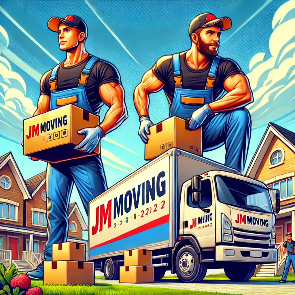 "Professional movers from JM Moving lifting boxes and furniture with precision, showcasing strength and efficiency in a bright, organized suburban neighborhood."