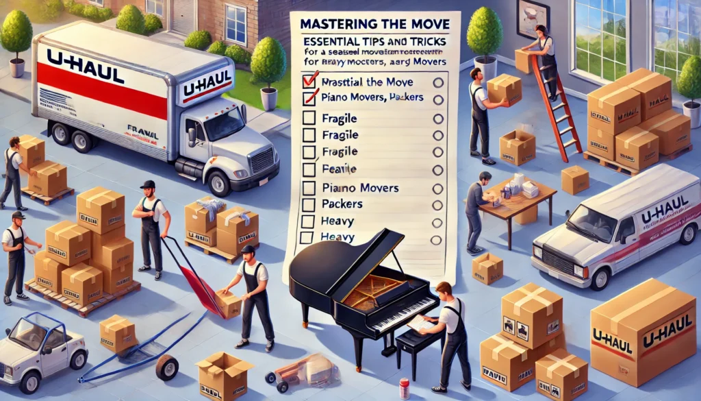 Movers carefully handle a piano while a U-Haul truck is being loaded with labeled boxes. Packers are organizing and labeling boxes, ensuring a smooth and efficient relocation process.