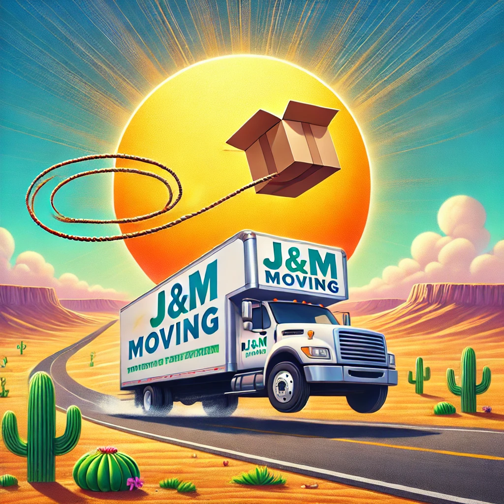 A moving truck labeled “J&M Moving” driving on a wide Texas road at sunset, with a lassoed box flying behind. Cacti and hills dot the desert landscape under a glowing Texas sky.