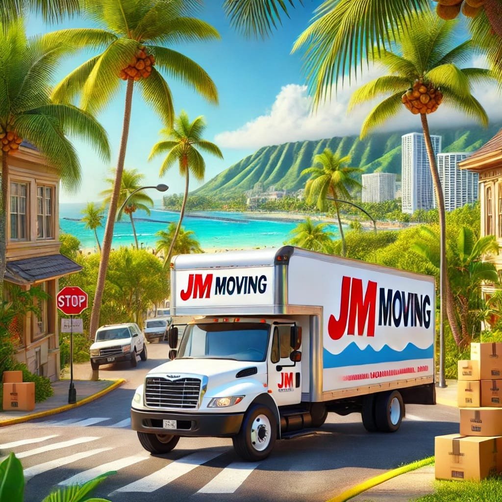 JM Moving truck driving through a tropical street in Honolulu, Hawaii, with palm trees and a view of the ocean in the background.