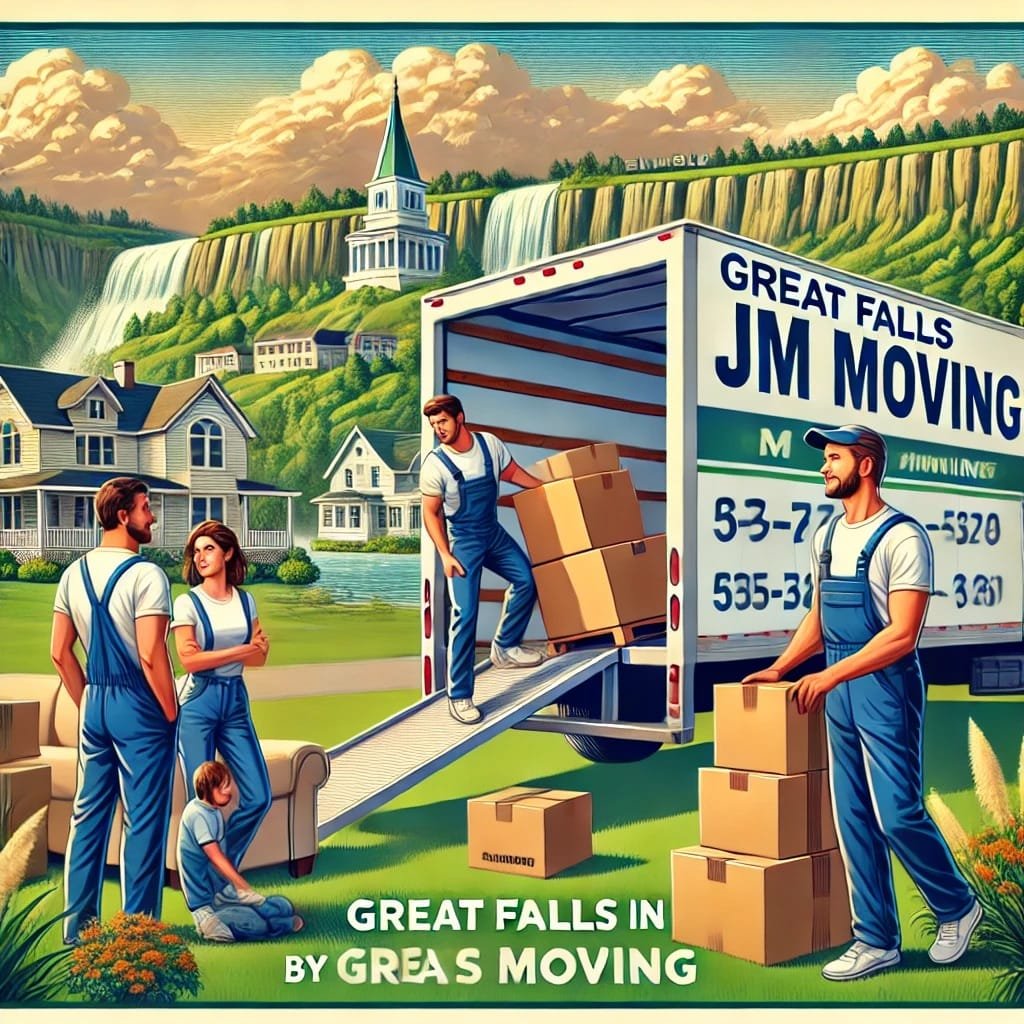 
“Advertisement for Great Falls JM Moving featuring movers handling furniture and boxes with a moving truck branded ‘Great Falls JM Moving’ in a suburban neighborhood.”
