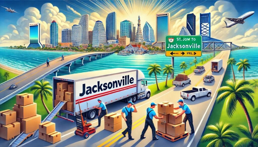 Movers loading a moving truck as a family transitions from Miami to Jacksonville with the Miami skyline and beach in the background