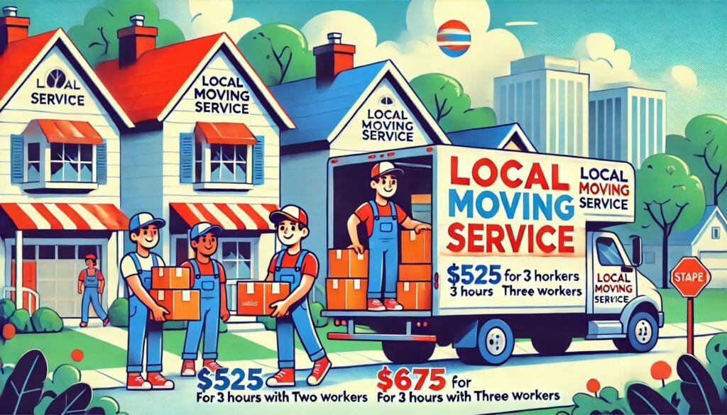 “A bright, colorful illustration showing movers carrying boxes into a home, with a ‘Local Moving Service’ truck on a neighborhood street. Pricing for two and three workers is displayed, creating a friendly and inviting atmosphere.”