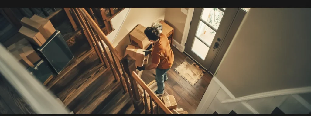 Person carrying boxes up stairs