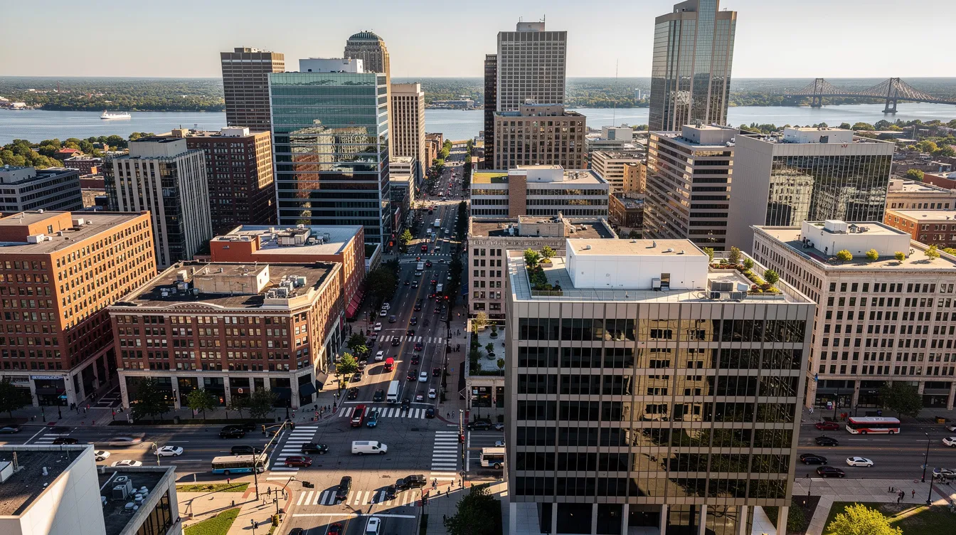 An aerial view of downtown Nashville showcases the bustling commercial district filled with modern office buildings and moving activity, highlighting the presence of professional movers and moving trucks as they assist businesses in relocating to new office spaces. This vibrant scene reflects the dynamic nature of Nashville's moving industry, emphasizing the importance of hiring a reliable Nashville office moving company for efficient and organized transitions.