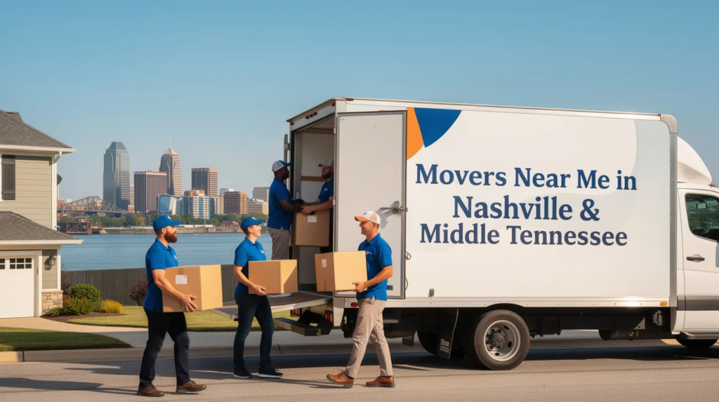 Nashville moving crew unloading boxes from a moving truck