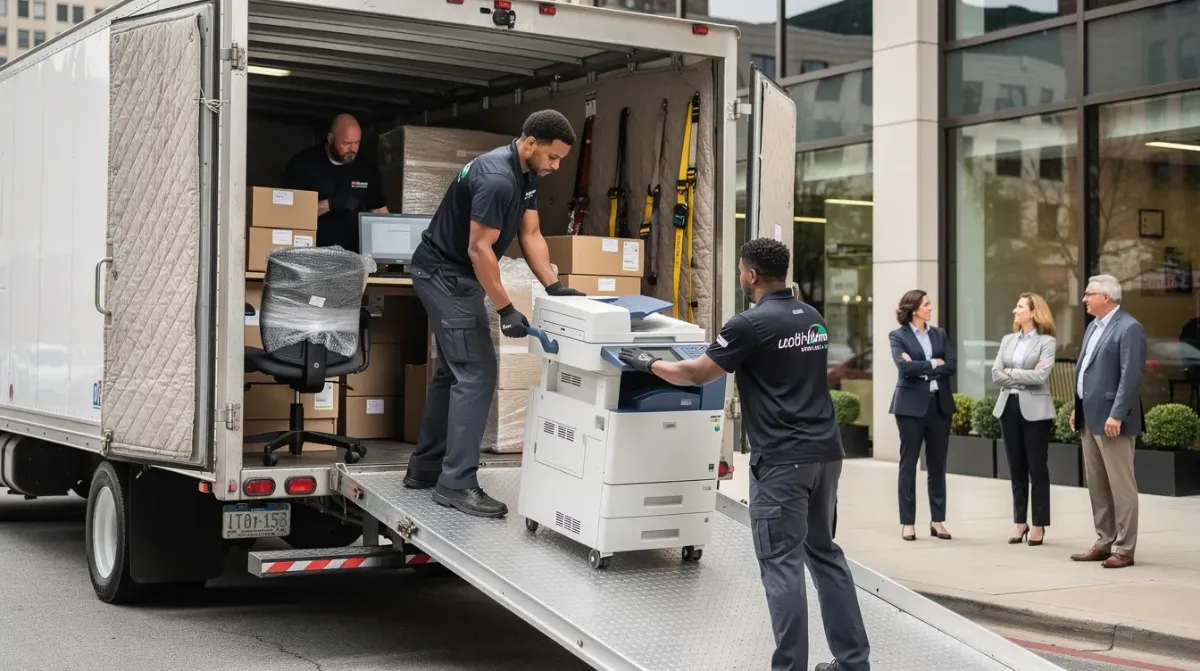 commercial movers Nashville TN | JM Moving Nashville A team of professional movers is carefully loading sensitive IT equipment and heavy office furniture into a padded moving truck at a commercial building in Nashville. This scene showcases the expertise of a Nashville office moving company, ensuring a smooth transition to a new office space.
