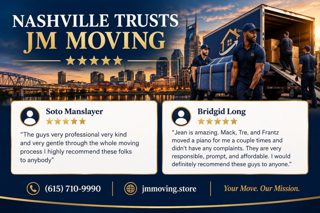 JM Moving Nashville five-star Google reviews from Soto Manslayer and Bridgid Long