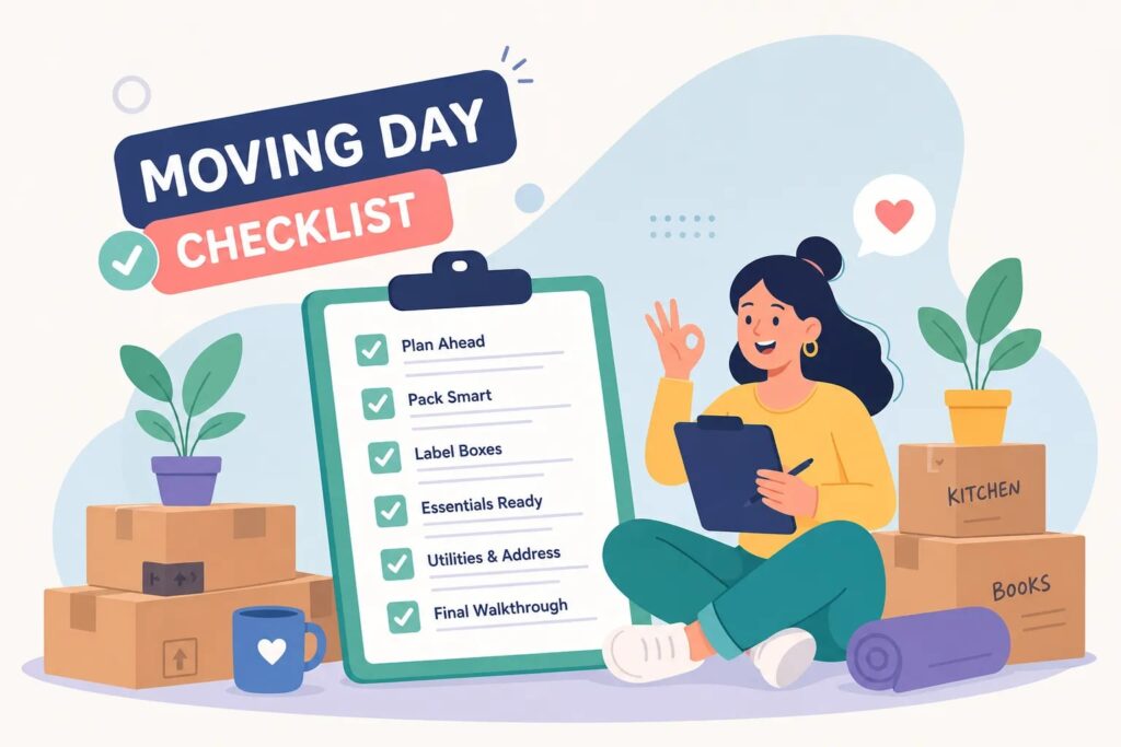 JM Moving crew preparing a moving-day checklist for a stress-free Nashville move